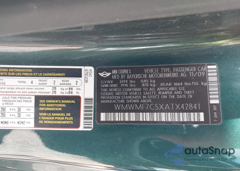 2010 Mini Cooper S from USA, damaged, VIN WMWMF7C5XATX42841